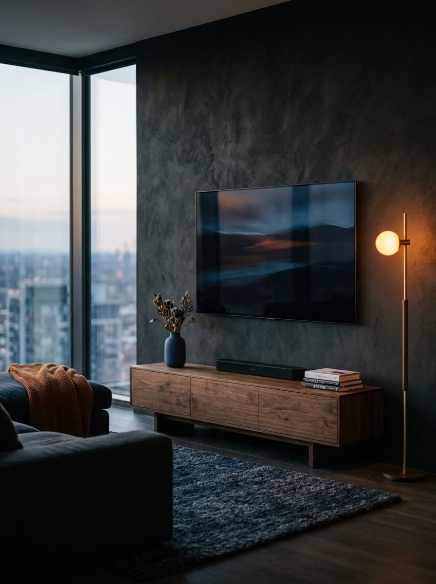 Modern salon duvarında ince TV montajı